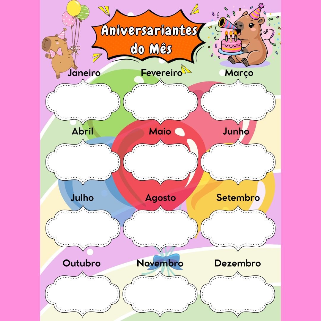 Aniversariantes do Mês - Tema Capivara 3x3