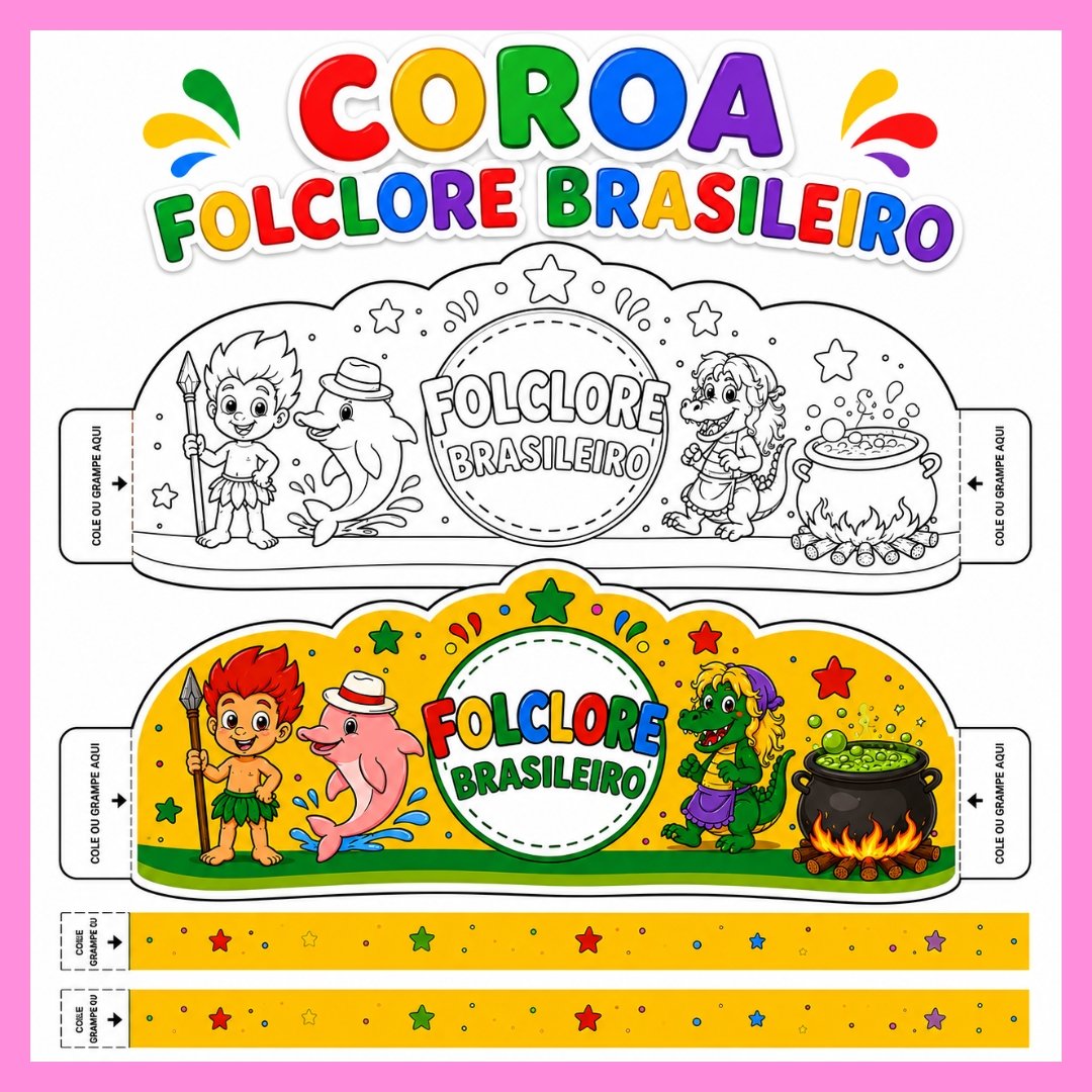 Coroa Folclore Brasileiro – Colorida + Versão para Colorir