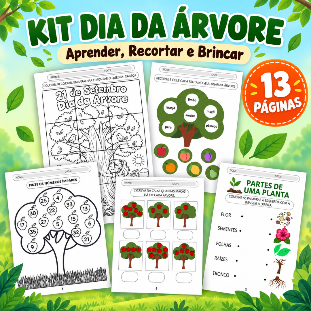 Dia da Árvore – Aprender, Recortar e Brincar | 13 páginas em PDF
